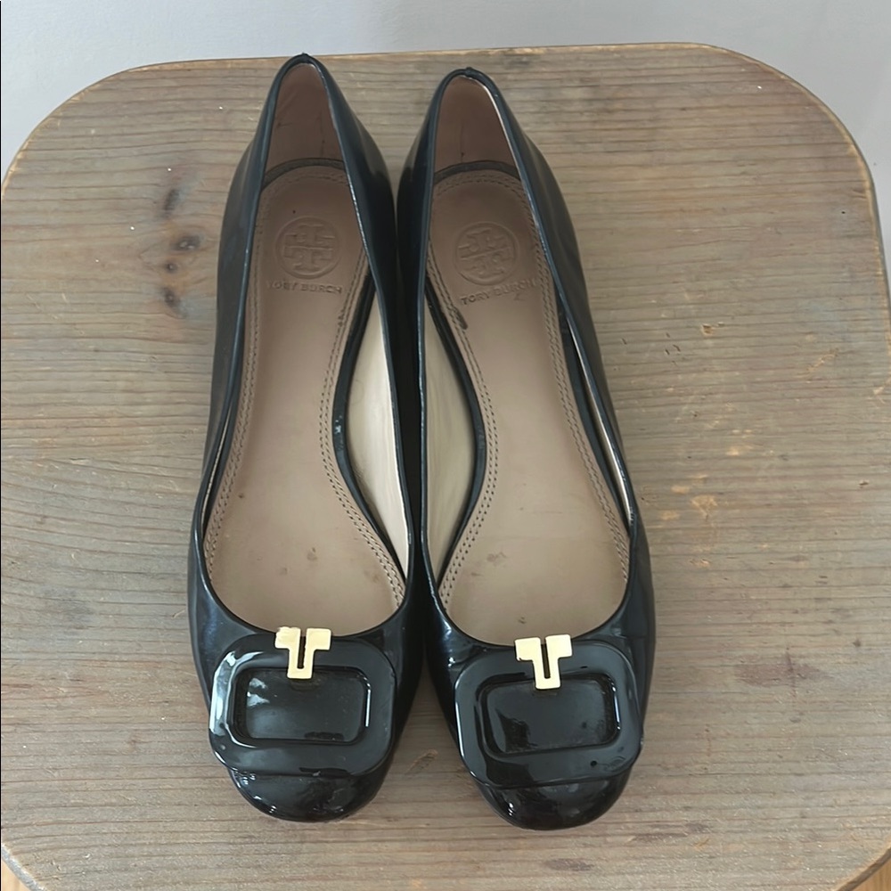 Tory Burch Black Patent Leather Flats with Gold Accent
